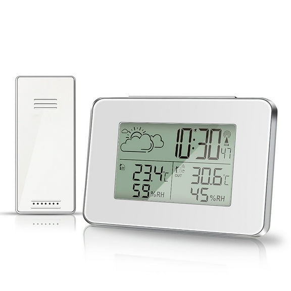 RyhamPaper Weather Station Wireless Indoor Outdoor Thermometer, Digital Hygrometer Thermostat Temperature & Humidity Monitor with Atomic Clock, Remote Sensors, Adjustable Backlight, Time Alert(White)