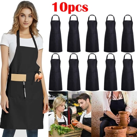 Ryhampaper 10 Pack Bib Apron, Unisex Plain Aprons, Commercial Aprons with 2 Pockets for Kitchen Cooking BBQ Restaurant Drawing Painting, Black