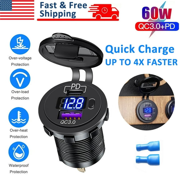 Ryhampaper 12V Quick Charge 3.0 Dual USB Car Fast Charger Socket Power Outlet with LED Voltmeter Waterproof Black