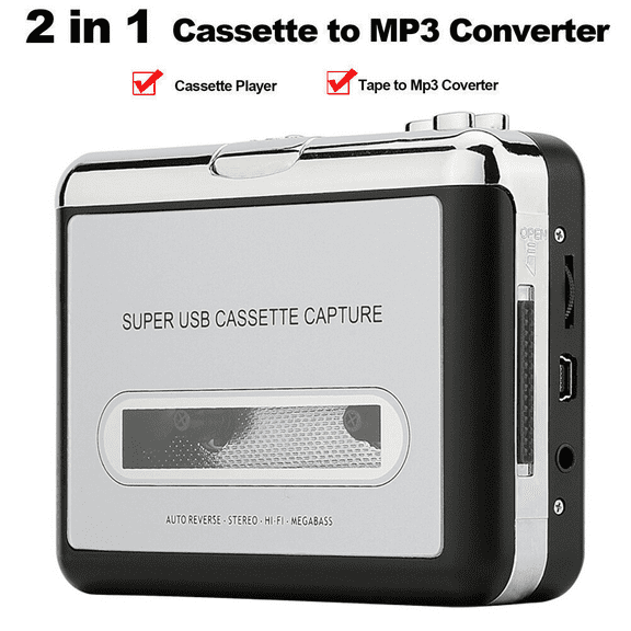 Ryhampaper 2-in-1 Cassette Tape Player, Portable Audio Cassette to Digital MP3 Converter, Black Silver