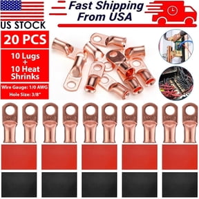 Ryhampaper 20PCS 1/0 AWG Gauge Copper Lugs With BLACK & RED Heat Shrink Ring Terminals Wire