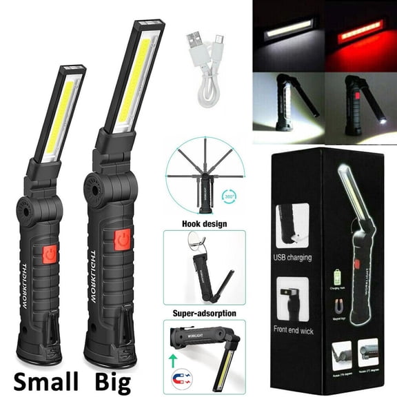 Ryhampaper 2Pack Magnetic Base LED COB Work Light Rechargeable Mechanic Flashlight Lamp, Black, Small