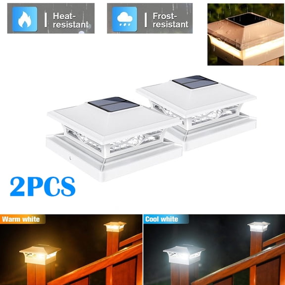 Ryhampaper 2Pcs LED Solar Post Deck Cap Lights Outdoor Fence Dock Light VC Vinyl 4x4 6x6 Landscape Lamp White