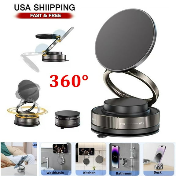 Ryhampaper 360 Vacuum Strong Magnetic Phone Holder Suction Cup Car Stand Foldable Car Mount Black