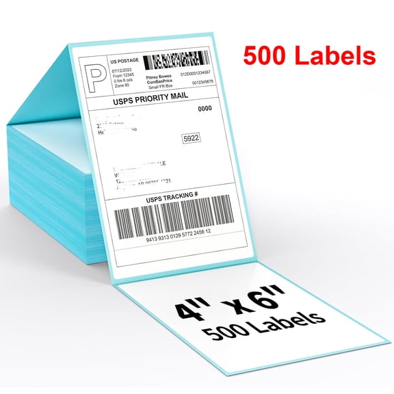 Ryhampaper 500 Labels 4"x6" Fanfold Perforated Direct Thermal Shipping Labels for Zebra & Rollo Printer, Blue Backing Paper