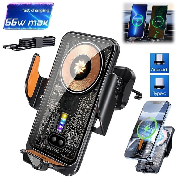 Ryhampaper 66W Fast Wireless Car Charger Automatic Clamping Mount Air Vent Phone Holder Black