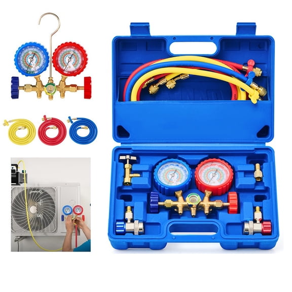 Ryhampaper AC Gauges, A/C OMT Manifold Gauge Set, 3 Way Car with 5FT Hoses Couplers & Adapter, Air Refrigeration Kit for R12 R22 R502 R134a