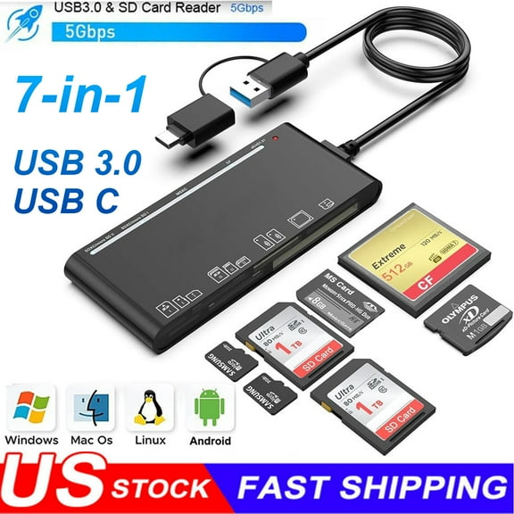 Ryhampaper USB 3.0 USB C Multi Memory Card Reader, 7 in 1 High Speed Adapter for Micro SD, TF, CF, XD, SD, Adapter Hub for Windows, Mac, Android, Linux Black