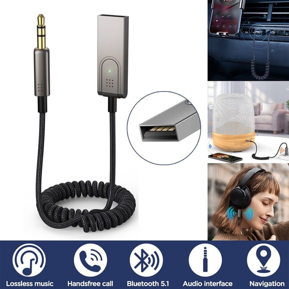 Ryhampaper USB to AUX Bluetooth 5.1 Adapter 3.5mm Bluetooth Receiver Microphone for Car Black Grey