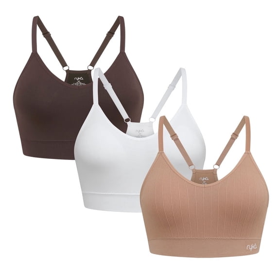 Ryka Ashley Seamless V-Neck Cami Sports Bra, 3 pack, Cafe Au Lait/Wht/Choc, X-Large