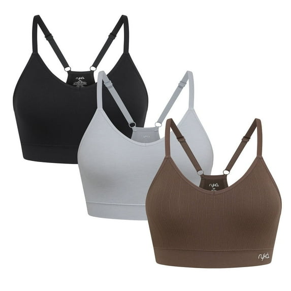 Ryka Ashley Seamless v-Neck Cami Sports Bra, 3 Pack, SHPBG/MCRHT/BLK, Small