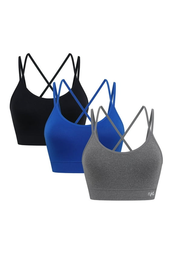 Hannah Seamless Strappy Openback Sports Bra, 3 Pack, Lapis Blue/Asphalt HTR/Black, Small
