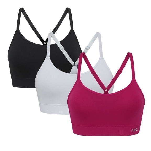 Ryka Women's Katharina Seamless Yoga Racerback Sports Bra with Removable Pads, 3 Pack, SNGRA/MCPHT/BLK, X-Large