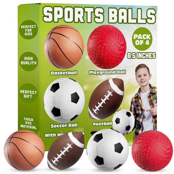 Rykon 8.5-Inch Sports Balls for Kids & Toddlers, Pack of 4 Rubber Inflatable Multi-Sport Balls with Football, Soccer, Basketball, Playground Ball & Pump, Outdoor Toys & Birthday Gift