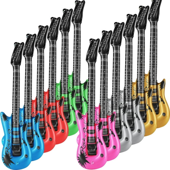 Rykon Inflatable Guitars for Kids, Pack of 12, 36-Inch Neon Blow Up Guitar Instruments, Party Favors, Photo Booth Props, Rock Star Birthday & Rock and Roll Party Decorations