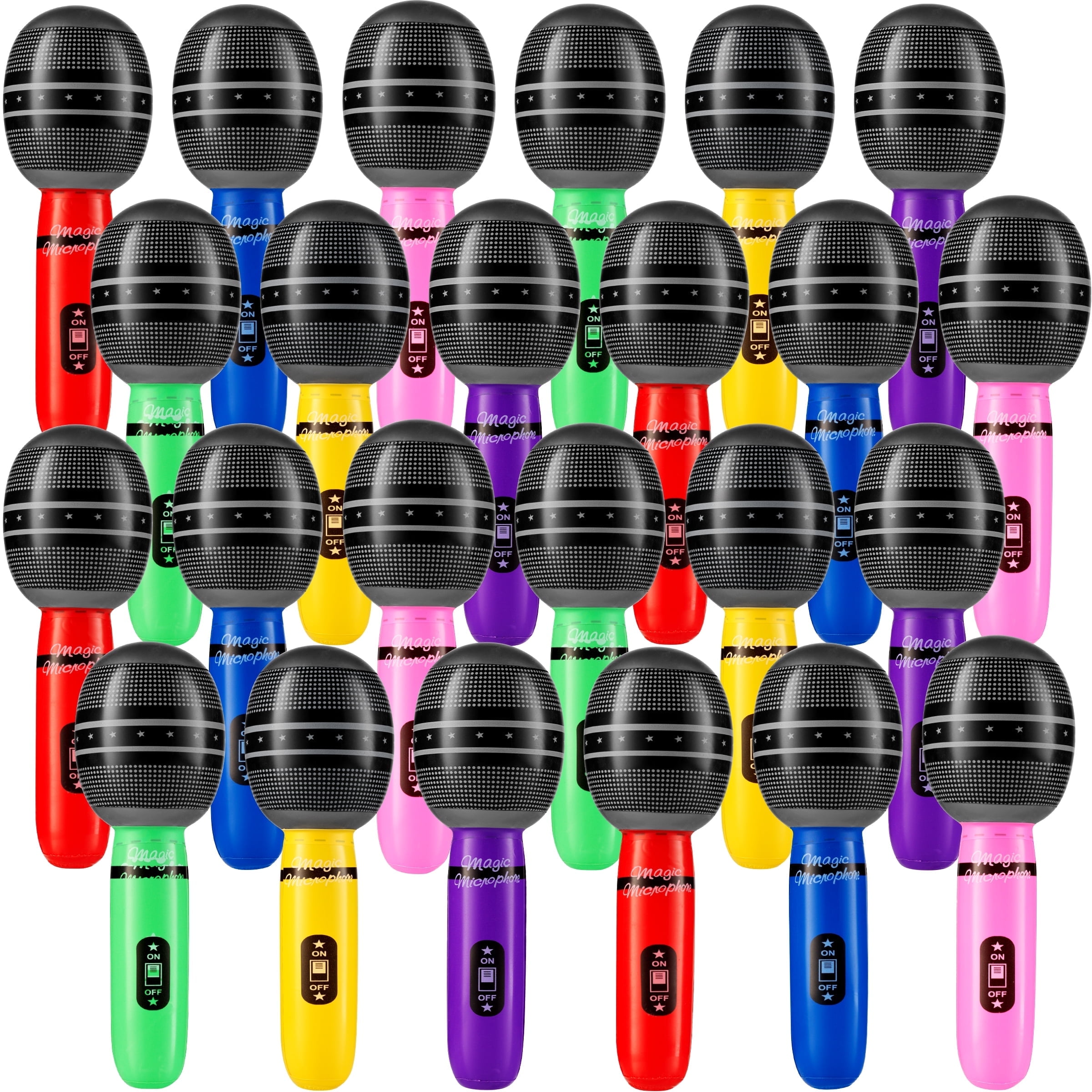 Rykon Inflatable Microphones for Parties, Pack of 24, 10-Inch Neon Blow Up Microphone Toys for Kids, Party Favors, Karaoke Decorations, Photo Booth Props & Birthdays