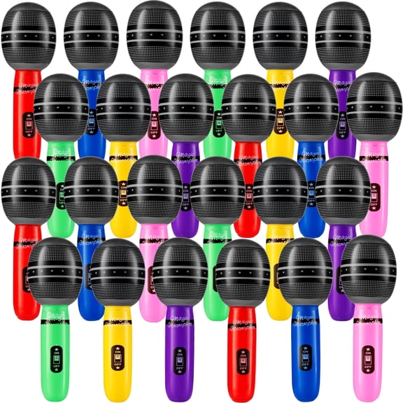 Rykon Inflatable Microphones for Parties, Pack of 12, 10-Inch Neon Blow Up Microphone Toys for Kids, Party Favors, Karaoke Decorations, Photo Booth Props & Birthdays