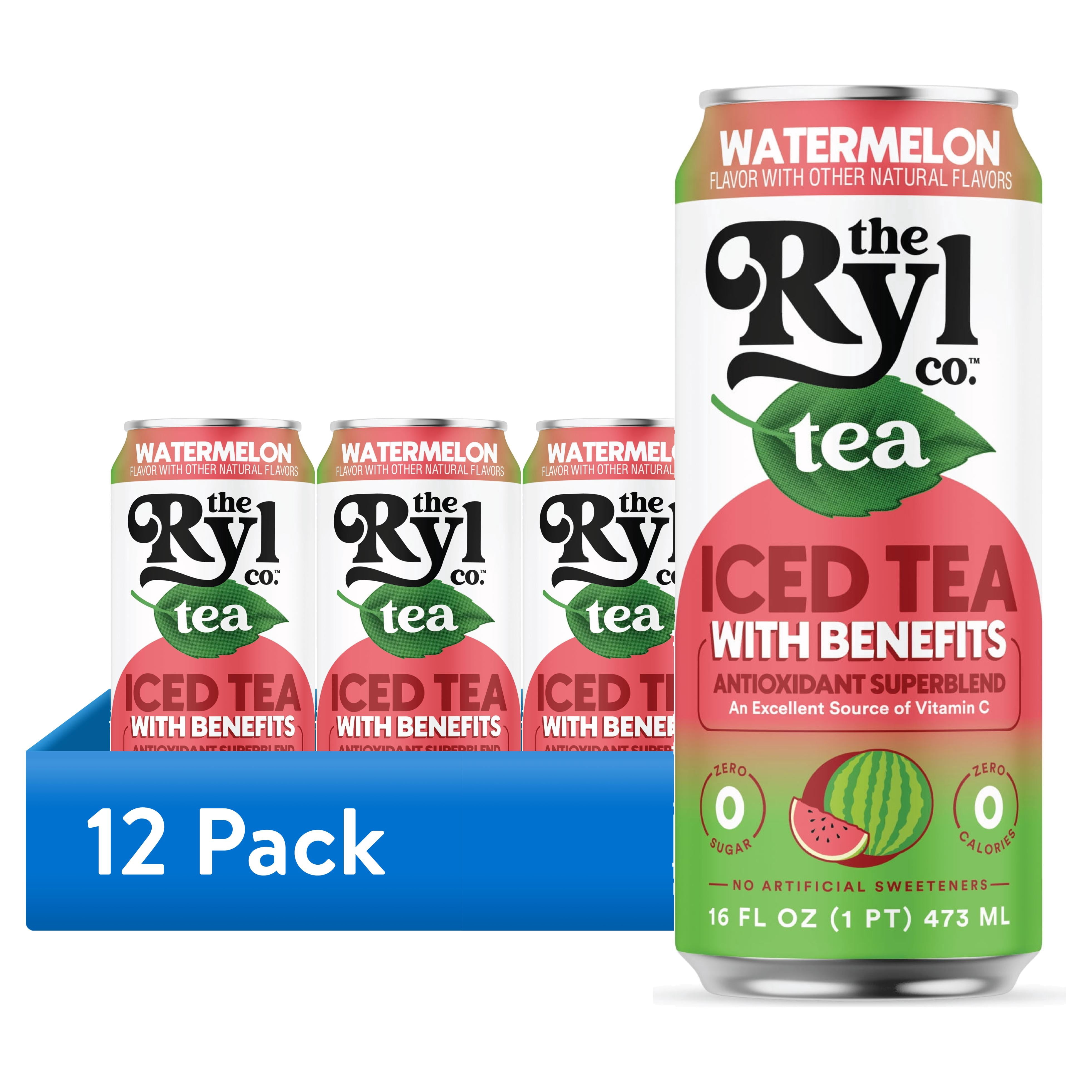 (12 pack) Ryl Iced Tea Watermelon, Zero Sugar Iced Tea, Antioxidant Superblend, 16 fl oz Ready-to-Drink Can