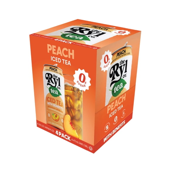 Ryl Iced Tea Peach 4 Pack, Zero Sugar Iced Tea, Antioxidant Superblend, 4 x 16 fl oz Cans