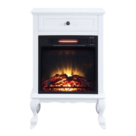 Ryla 34 Inch Wood End Table with LED Electric Fireplace 1 Drawer White - Saltoro Sherpi