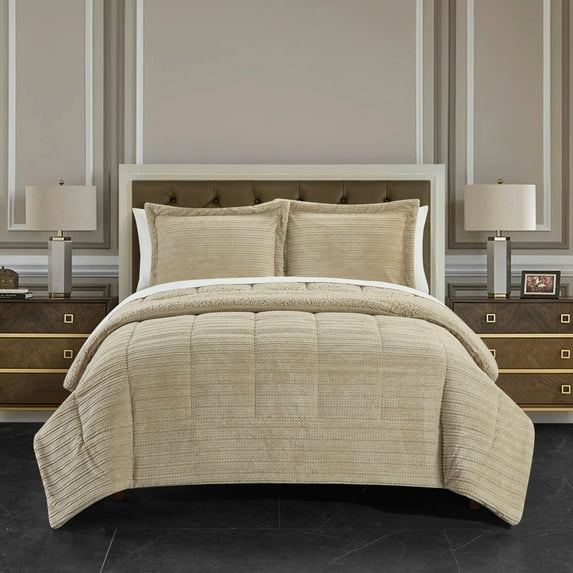 Ryland 3 or 2 Piece Comforter Set Ribbed Textured Microplush Sherpa Bedding - Pillow Shams Included