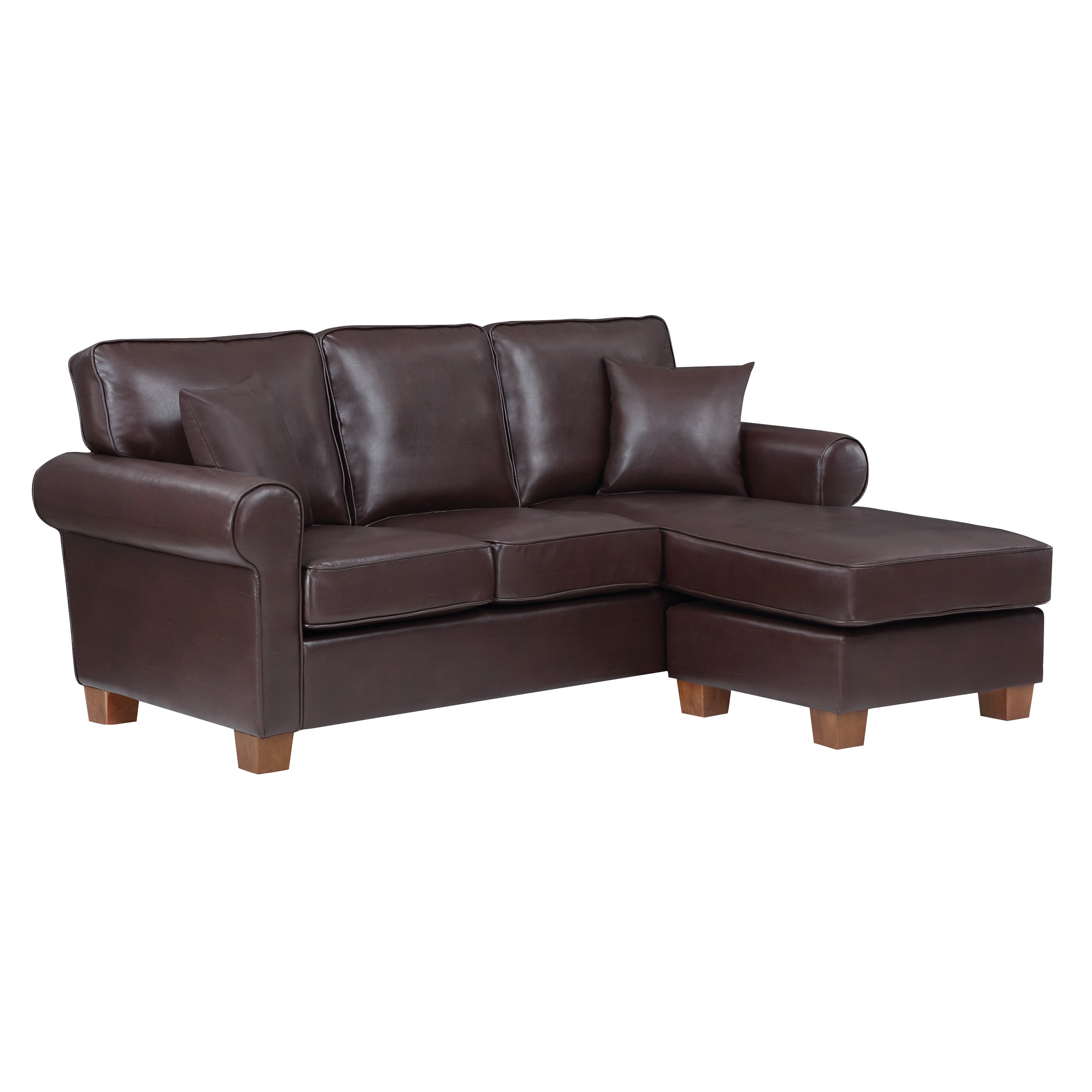 Chocolate Faux Leather Rolled Arm Sectional Sofa with Ottoman