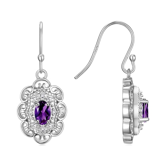Rylos 14K White Gold Antique Style Floral Earrings - Oval 6X4M Amethyst & Sparkling Diamonds - Exquisite Birthstone Jewelry