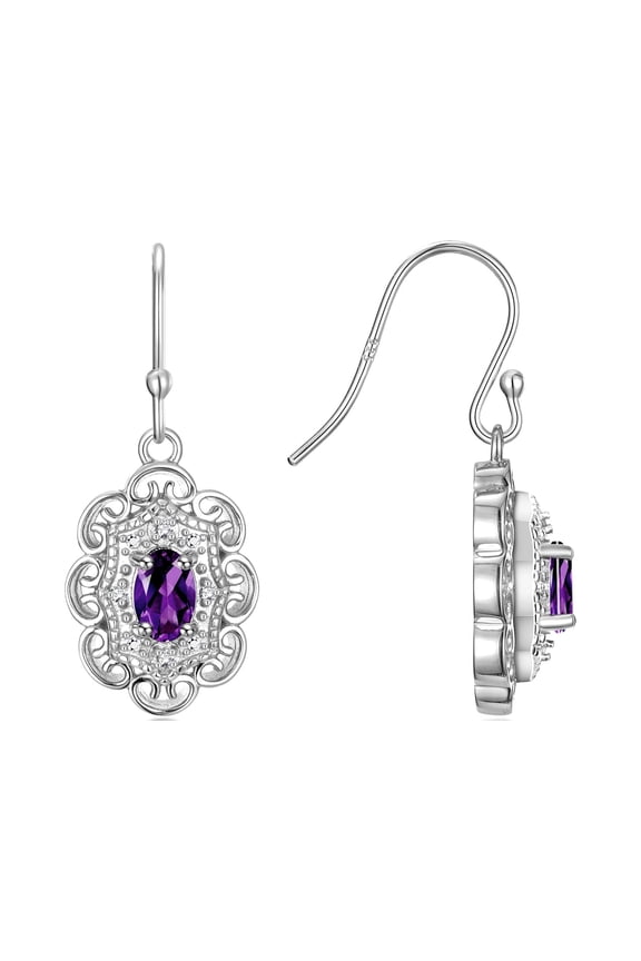 14K White Gold Antique Style Floral Earrings - Oval 6X4M Amethyst & Sparkling Diamonds - Exquisite Birthstone Jewelry