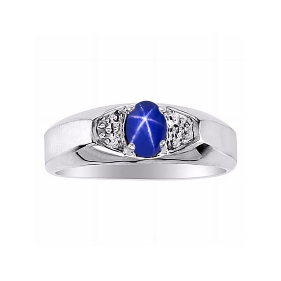 Rylos 14K White Gold Classic 6X4MM Oval Blue Star Sapphire & Diamond Ring - Birthstone Jewelry for Men -Size 9