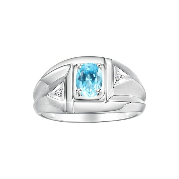 Rylos 14K White Gold Classic 6X4MM Oval Blue Topaz & Sparkling Diamond Ring - Birthstone Jewelry for Men -Size 8