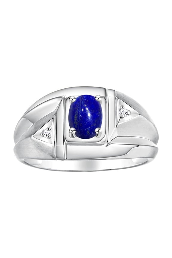 14K White Gold Classic 6X4MM Oval Lapis & Sparkling Diamond Ring - Birthstone Jewelry for Men -Size 8