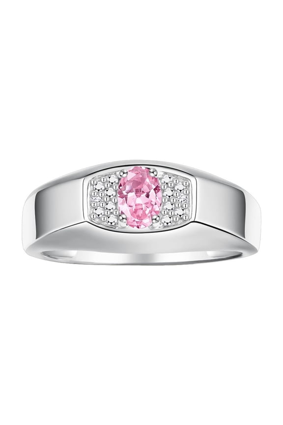 14K White Gold Classic 6X4MM Oval Pink Ice & Sparkling Diamond Ring - Birthstone Jewelry for Men -Size 12