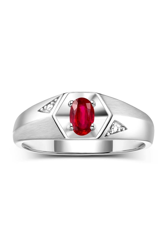 14K White Gold Classic 6X4MM Oval Ruby & Diamond Ring - Birthstone Jewelry for Men -Size 11