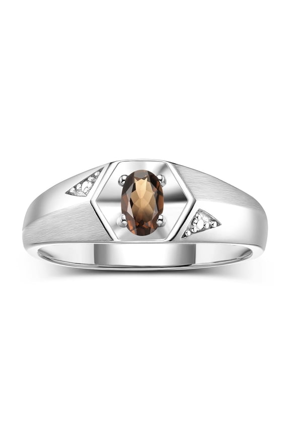 14K White Gold Classic 6X4MM Oval Smoky Quartz & Diamond Ring - Birthstone Jewelry for Men -Size 11