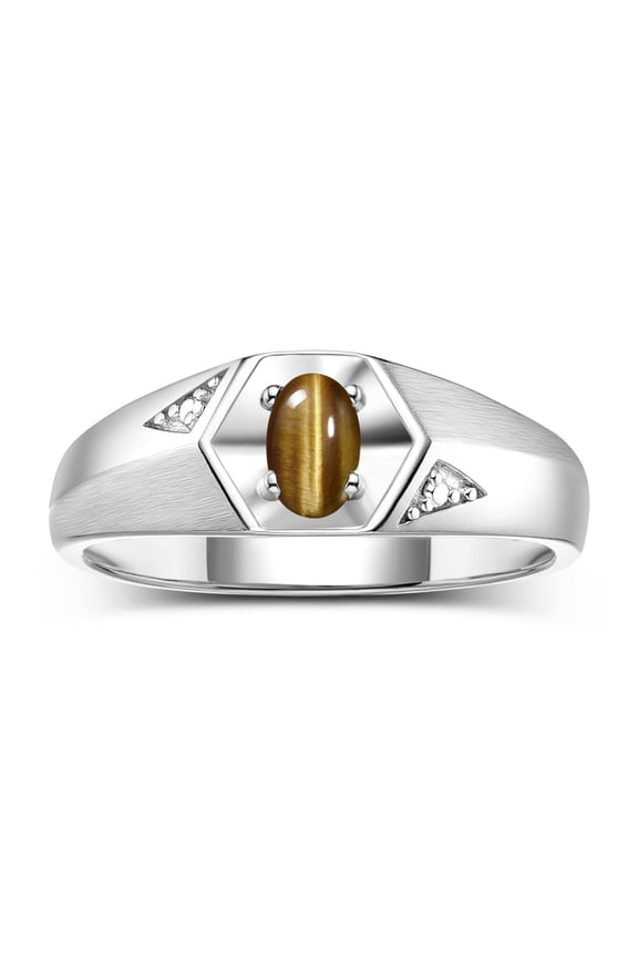 14K White Gold Classic 6X4MM Oval Tiger Eye & Diamond Ring - Birthstone Jewelry for Men -Size 12