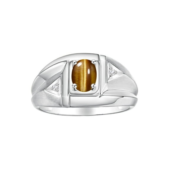 Rylos 14K White Gold Classic 6X4MM Oval Tiger Eye & Sparkling Diamond Ring - Birthstone Jewelry for Men -Size 10