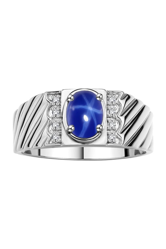 14K White Gold Classic 8X6MM Oval Blue Star Sapphire & Sparkling Diamond Ring - Birthstone Jewelry for Men -Size 12