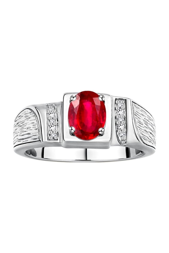 14K White Gold Classic 8X6MM Oval Ruby & Sparkling Diamond Ring - Birthstone Jewelry for Men -Size 11