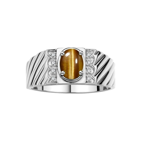 Rylos 14K White Gold Classic 8X6MM Oval Tiger Eye & Sparkling Diamond Ring - Birthstone Jewelry for Men -Size 8