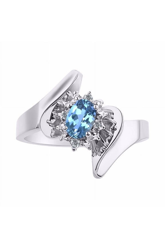 14K White Gold Floral Designer Ring with 6X4MM Oval Gemstone & Sparkling Diamonds - Birthstone Blue Topaz Jewelry Size 8