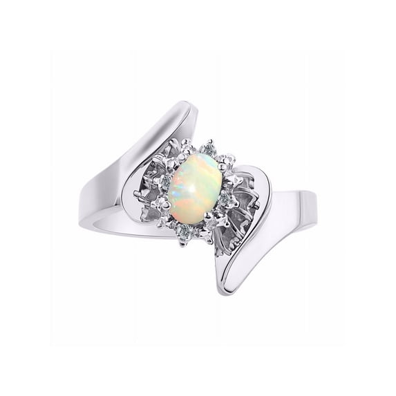 Rylos 14K White Gold Floral Designer Ring with 6X4MM Oval Gemstone & Sparkling Diamonds - Birthstone Opal Jewelry Size 6