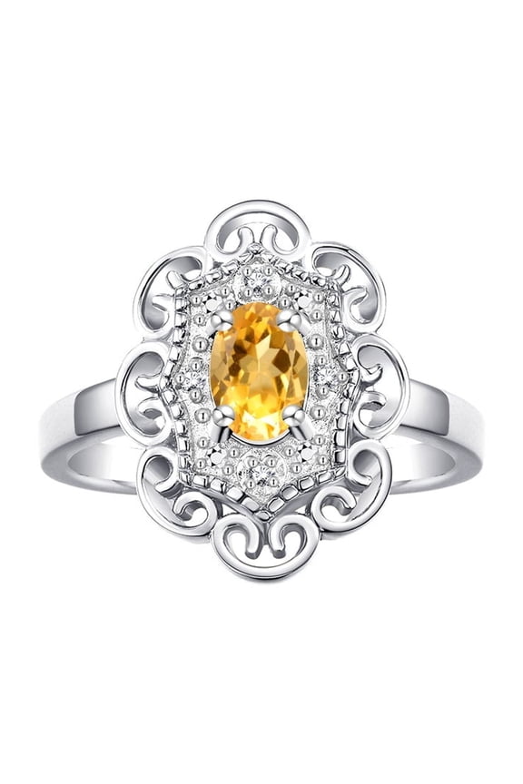 14K White Gold Floral Designer Ring with 6x4 MM Oval Citrine & Sparkling Diamonds - Birthstone Jewelry for Women -Size 5
