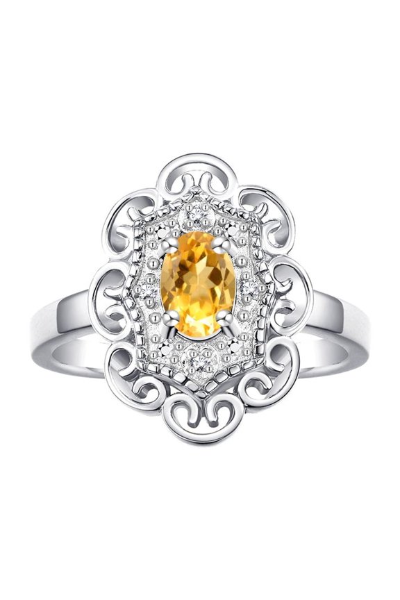 14K White Gold Floral Designer Ring with 6x4 MM Oval Citrine & Sparkling Diamonds - Birthstone Jewelry for Women -Size 8