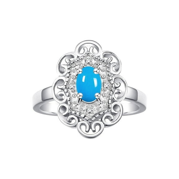 Rylos 14K White Gold Floral Designer Ring with 6x4 MM Oval Turquoise & Sparkling Diamonds - Birthstone Jewelry for Women -Size 9