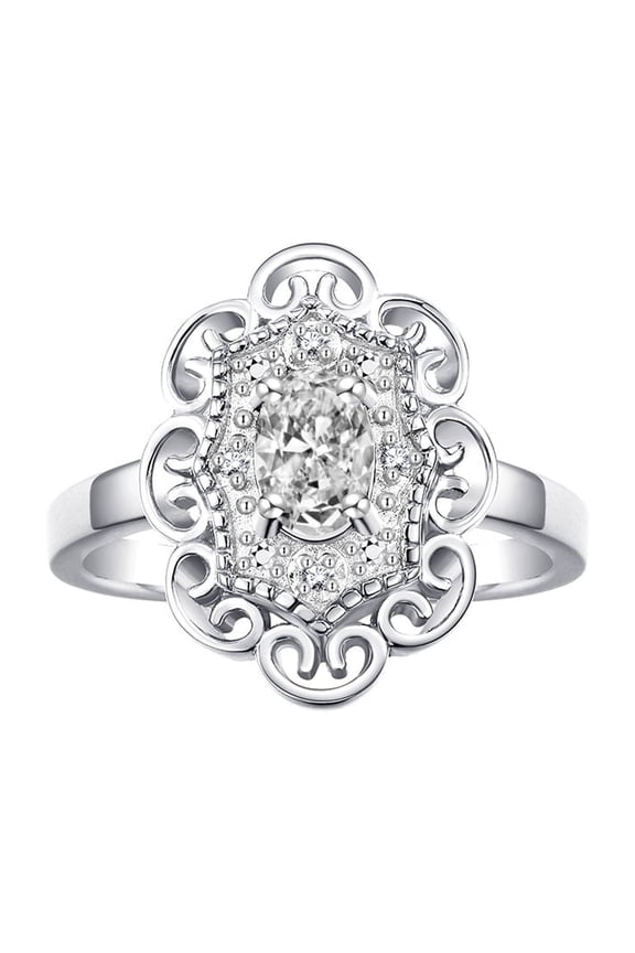 14K White Gold Floral Designer Ring with 6x4 MM Oval White Topaz & Sparkling Diamonds - Birthstone Jewelry for Women -Size 7
