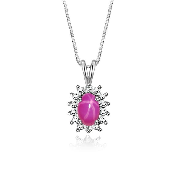 Rylos 14K White Gold Halo Pendant Necklace: 6X4MM Star Ruby & Sparkling Diamonds - 18" Chain Exquisite Birthstone Jewelry