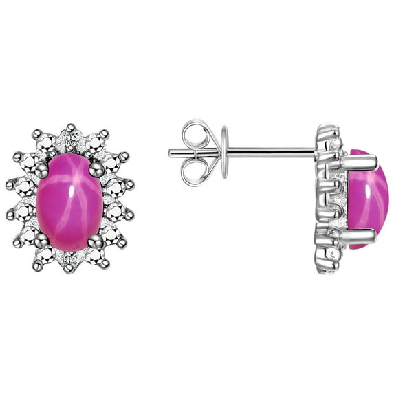 Rylos 14K White Gold Halo Stud Earrings - 6X4MM Oval Star Ruby & Diamonds - Exquisite Birthstone Jewelry