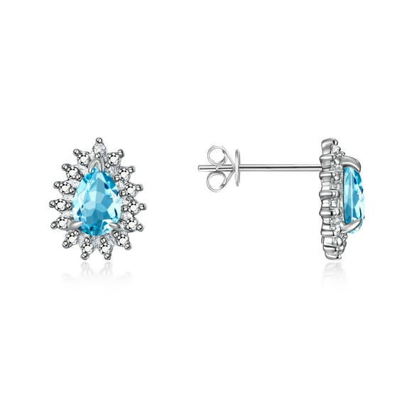 Rylos 14K White Gold Halo Stud Earrings - 6X4MM Pear Shape Blue Topaz & Sparkling Diamonds - Exquisite Birthstone Jewelry