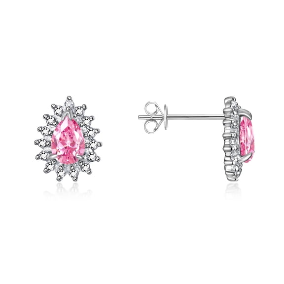 Rylos 14K White Gold Halo Stud Earrings - 6X4MM Pear Shape Pink Ice & Sparkling Diamonds -  Exquisite Birthstone Jewelry