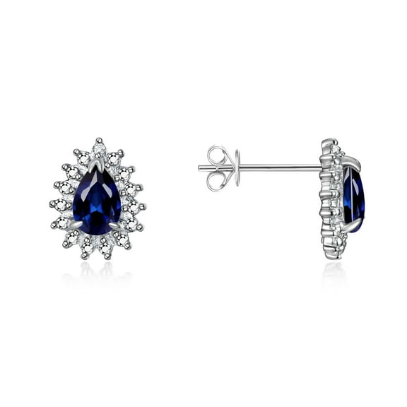 Rylos 14K White Gold Halo Stud Earrings - 6X4MM Pear Shape Sapphire & Sparkling Diamonds -  Exquisite Birthstone Jewelry